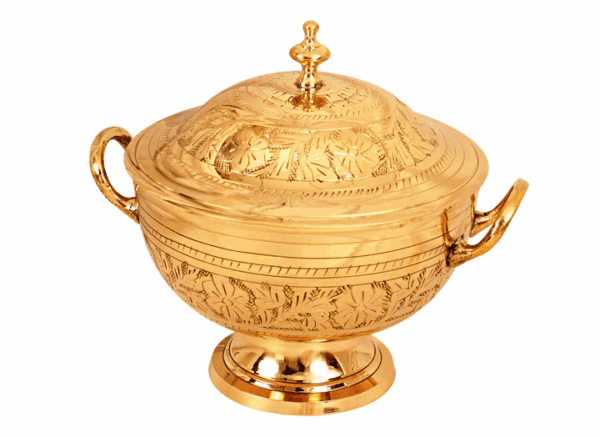 Brass Engraved Floral Design Donga with Lid & Handles, Mughlai Style, Serveware, Tableware - 1150 ml - Image 4