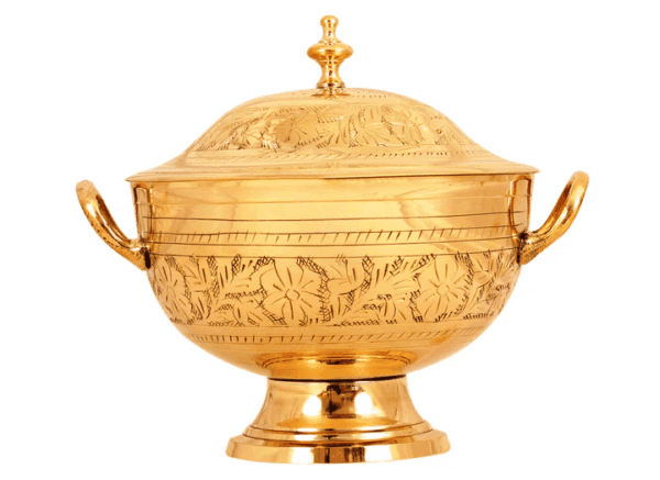 Brass Engraved Floral Design Donga with Lid & Handles, Mughlai Style, Serveware, Tableware - 1150 ml