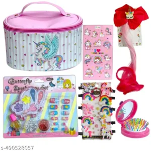 Unicorn Makeup Vanity Kit Storage Hardtop Pouch case, Makeup+Nail art kit, Wig Clip,Clip Set,Mirror with Comb and Stickers-Set of 6