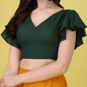 Cotton Readymade Blouse for Women, V-Neck, Rayon Ruffle Sleeve