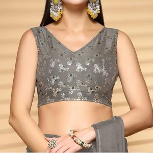 Traditional Ethnic Style Leaf Pattern Zari Work Readymade Brocade Sleeveless V-Neck Blouse for Pairing with Sarees, lehengas, or Plazzo for Fusion wear