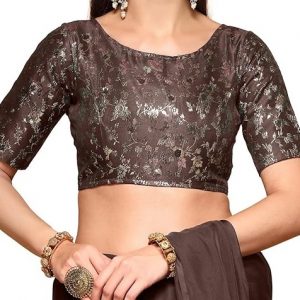 Traditional Ethnic Style Floral Pattern Silver Zari Work Readymade Brocade Half Sleeve Round-Neck Blouse for Pairing with Sarees, lehengas, or Plazzo for Fusion wear