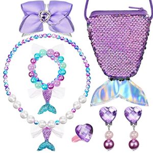 Necklace Bracelet Jewellery for Kids Girls Set, Pearl Beads Necklace/Bracelet, Sling Bag, Hair Bow, Seashell Earrings, Ring Combo Kit for Party Costume Jewelry Supplies Gift