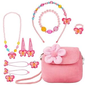 Kids Jewellery Set for Girls, Plush Handbag, Necklace, Bracelet, Ring, Hairband, Hair Clips Kit, Cute Jewellery Princess Party Costume Jewelry for 3-10 Years Old Birthday Christmas Gifts