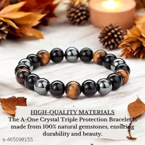Crystal Triple Protection Bracelet – 100% Natural Hematite, Black Obsidian & Tiger Eye 8MM Beads | Certified Energy Healing Bracelet for Men & Women | Choose Your Size: Small, Medium, Large