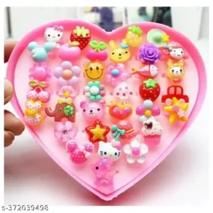 Pack 36 pcs heart shape dbi baby girl finger rings multi design in plastic multicolor