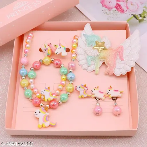 Girls 8 Pcs White Jewellery Box Set, Unicorn Cartoon Design Girl's Jewellery Inlcudes Necklace,Earring,Ring,Rubber band,Hairclip,bracelet,Birthday Gift,Christmas Gift