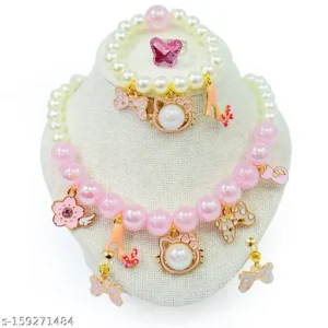 Children's Colorful Alloy Necklace Bracelet Ring Earrings 5Pcs Set(Color 14 - White Big Pearl)