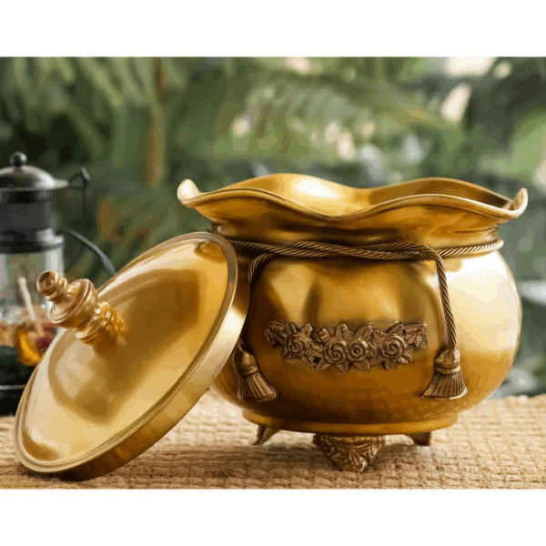 Pure Brass Handcrafted Decorative Handi | Pot with Lid and Floral Design, Serveware, Tableware - Image 3