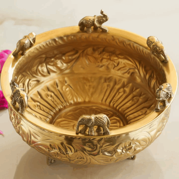 Pure Brass Embossed Design Urli with Elephant Statue, Antique Brassware, Home Décorative Item - 25cm - Image 9