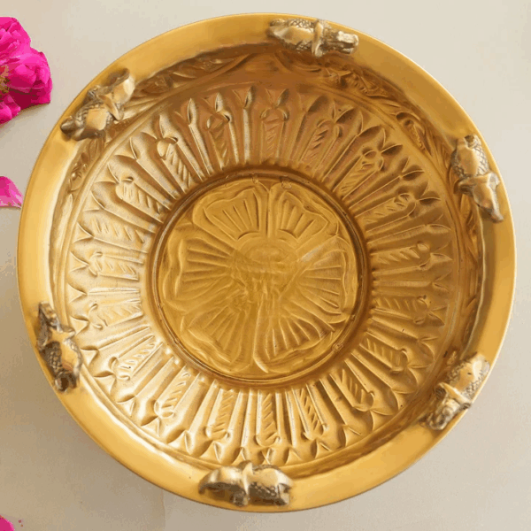 Pure Brass Embossed Design Urli with Elephant Statue, Antique Brassware, Home Décorative Item - 25cm - Image 8