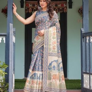 Designer Cotton Saree with Traditional Print, 5.5 Metres, Blue with Decorative Tassels, Printed Blouse Piece