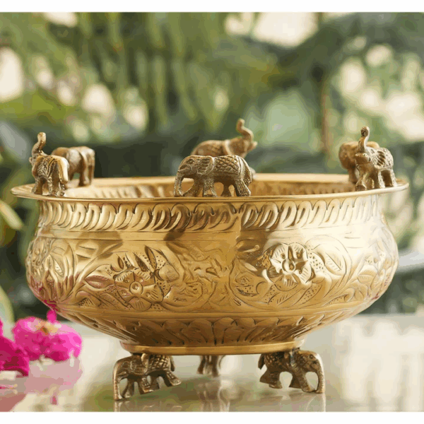 Pure Brass Embossed Design Urli with Elephant Statue, Antique Brassware, Home Décorative Item - 25cm - Image 7