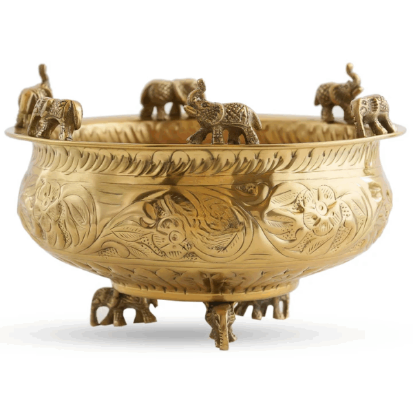 Pure Brass Embossed Design Urli with Elephant Statue, Antique Brassware, Home Décorative Item - 25cm - Image 6