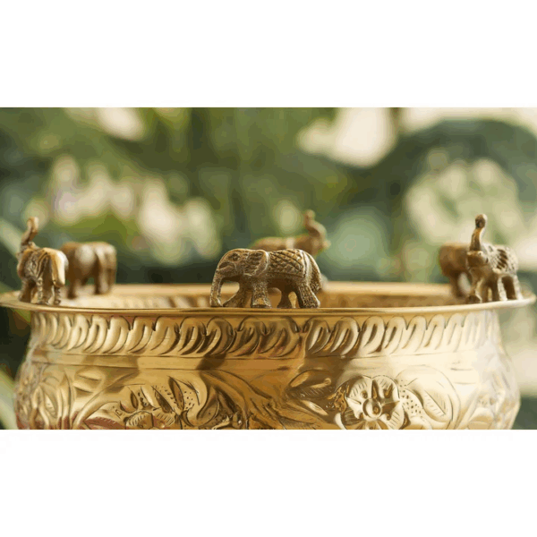 Pure Brass Embossed Design Urli with Elephant Statue, Antique Brassware, Home Décorative Item - 25cm - Image 3