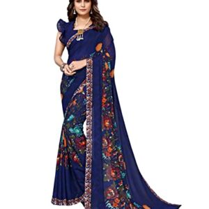 Women's Georgette Printed Saree with Blouse Piece (Power Blue) Blue03