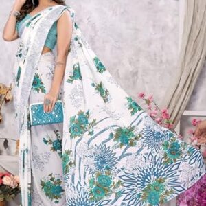 Women's Trendy Printed Georgette Orange Color Saree with Blouse Material