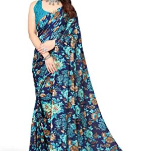 Womens Georgette Printed Saree With Blouse Piece(ECHO BLUE_N_Free Size)