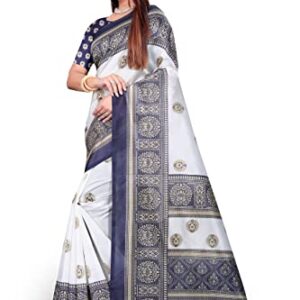 White & Blue Art Silk Printed Saree With unstitched Blouse