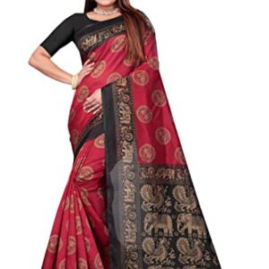 Red & Black Art Silk Printed Saree With unstitched Blouse