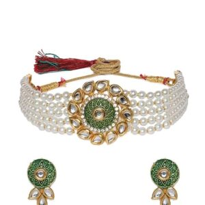 Enamelling Green Multistrand Pearls Kundan Choker Necklace & Earring Set For Women