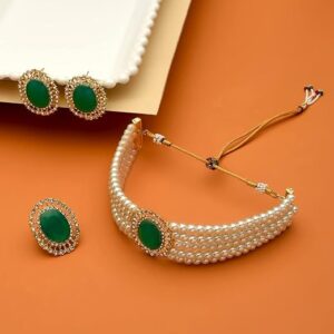 Green Stones Multistrand Pearls Choker Necklace Earring & Ring Set For Women