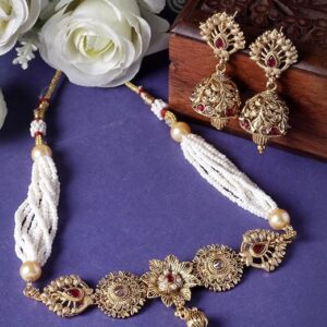 Gold Plated Gold Beads Floral Copper Choker Necklace Set with Jhumki Earring | Jewellery Set For Women