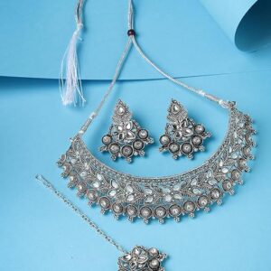 Oxidised Silver Plated Choker Necklace Set With Earring | Mangtikka Set For Women