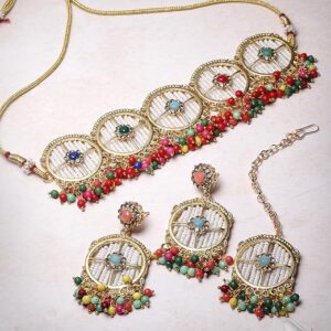 Charming Circular Gold Toned Plated Necklace Set With Earring And Maangtika | Jewellery Set For Women