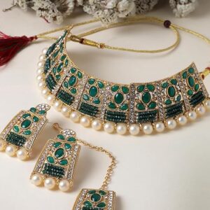 Unique Stylish Rani Pink Stone Studded With Pearls Choker Necklace Set For Women