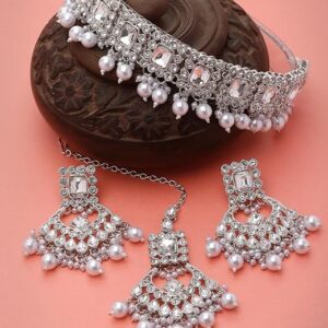 Rhodium Plated Silver Kundan & Beads Choker Necklace Set With Earring And Maangtika | Jewellery Set For