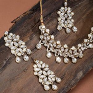Antique Gold Tone Stones And Pearls Traditional Choker Necklace Set For Women