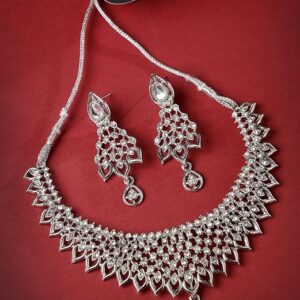Striking Rhodium Plated Silver AD White Stone Collar Bone Necklace Set And Earring | Jewellery Set For Women