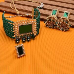 Green Multistrand Kundan Choker Necklace Earring & Ring Set For Women