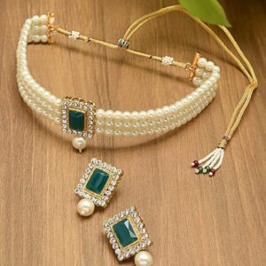 Green Stones & Multistrand Pearls Ethnic Choker Necklace & Earring Set For Women