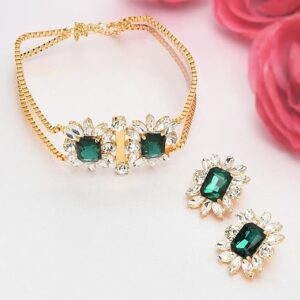 Green & White Crystal Shine Stones Party Bling Contemporary Choker Necklace & Earring Set For Women