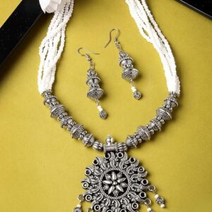 Oxidised Silver Plated Stylish Beads Long Necklace Set And Earring | Jewellery Set For Women