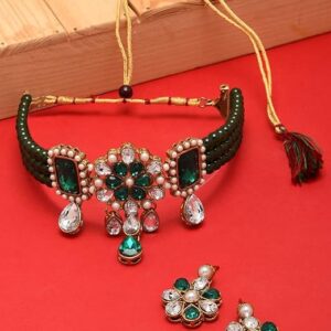 Multistrand Green Beads & Stones Traditional Choker Necklace & Earring Set For Women