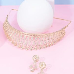 Gold Tone Dazzling Cubic Zirconia Choker Necklace & Earring Set For Women