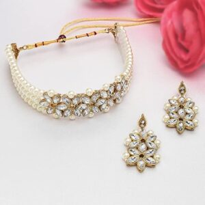 Gold Tone Crystal Shine Stones & Multistrand Pearls Choker Necklace & Earring Set For Women