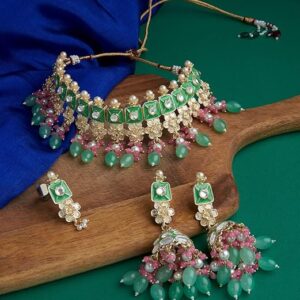 Pink & Green Meenakari Cluster Beads Kundan Choker Necklace Earring & Ring Set For Women