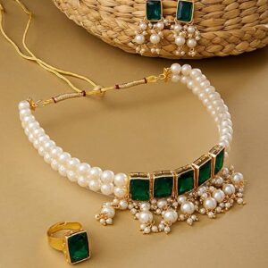 Green Stones Multistrand Pearls Cluster Choker Necklace Earring & Ring Set For Women