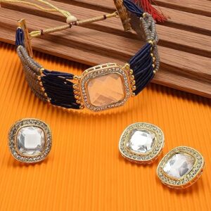 Grey & Blue Multistrand Ethnic Choker Necklace Earring & Ring Set For Women