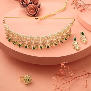 Green Pink Stones Austrian Diamonds Embellished Choker Necklace Earring & Ring Set For Women