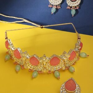 Pink & Green Kundan Choker Necklace Earring & Ring Set For Women