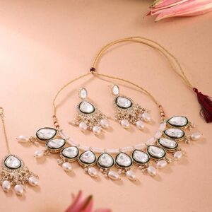 Turquoise Blue Stones Beads Austrian Diamonds Choker Necklace Earring & Maangtikka Set For Women (Copy)