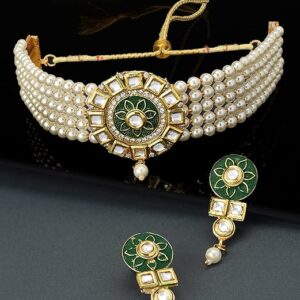 Green Meenakari Multistrand Pearls Kundan Choker Necklace & Earring Set For Women