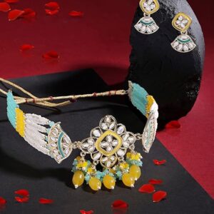 Pink & Green Meenakari Cluster Beads Kundan Choker Necklace Earring & Ring Set For Women (Copy)