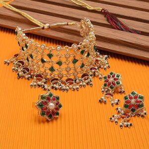 Green & Pink Kundan Embellished Choker Necklace Earring & Ring Set For Women