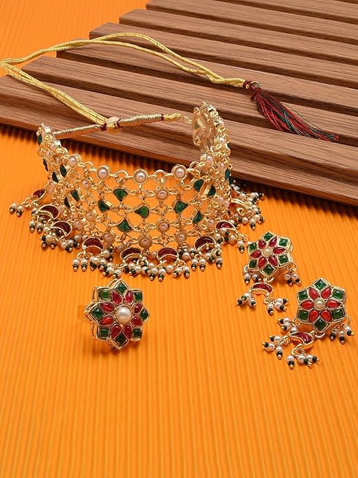 Green & Pink Kundan Embellished Choker Necklace Earring & Ring Set For Women